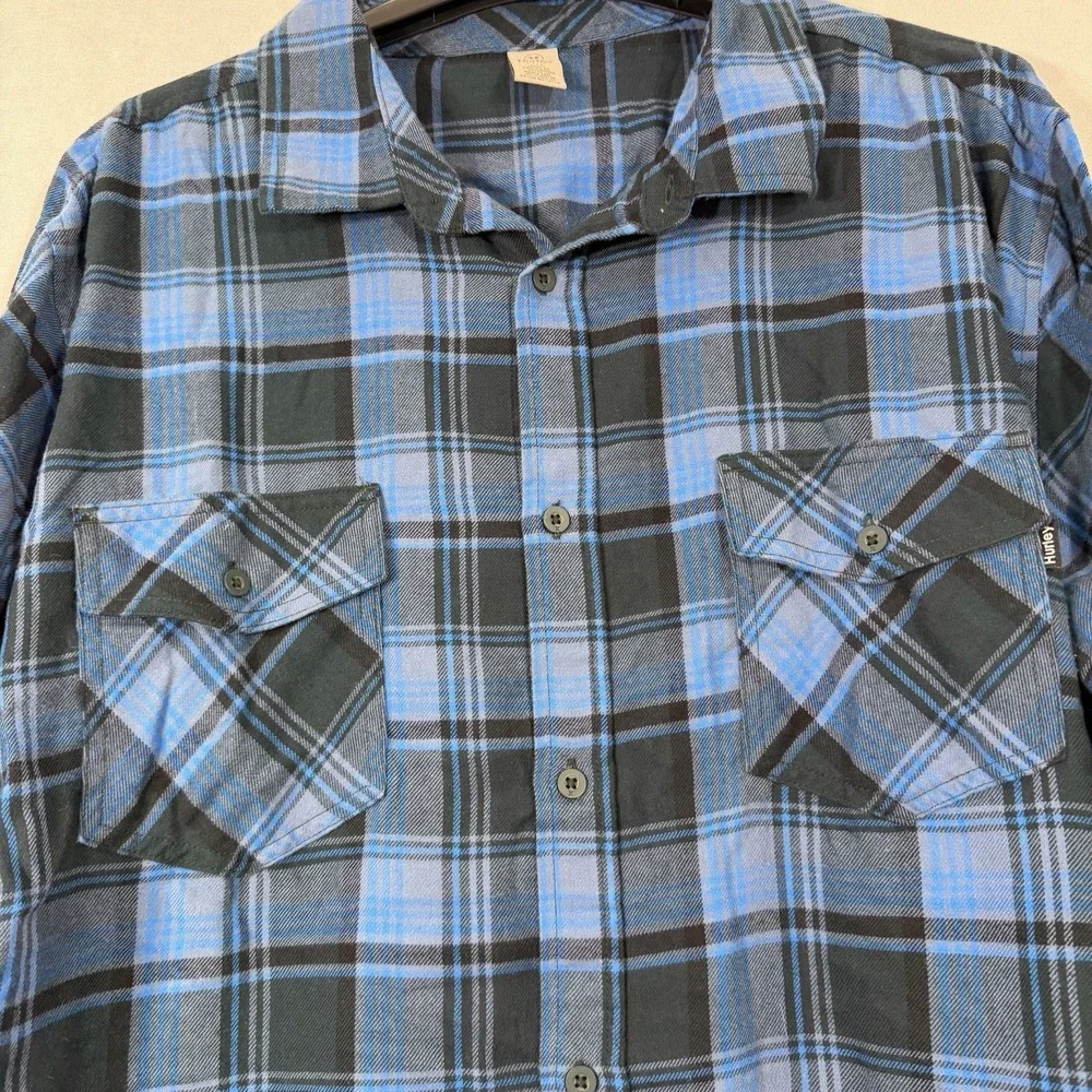 Hurley Long‎ Sleeve Button Shirt Men's Size 2XL Blue Plaid Flannel Cotton Blend